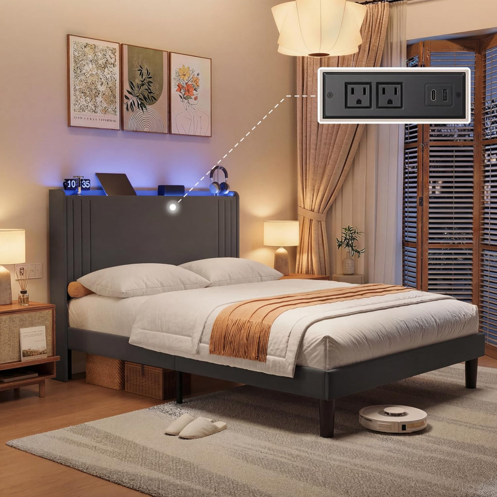 Gizoon Queen Bed Frame with Wingback Headboard, Upholstered Platform Bed