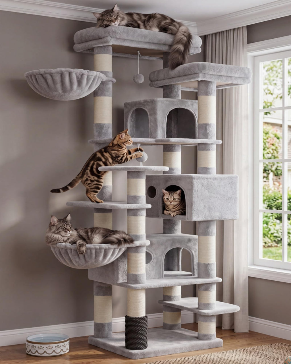 Hey-brother Cat Tree, Multi-Level Tower with 3 Condos, Hairbrush, MPJ035-MG