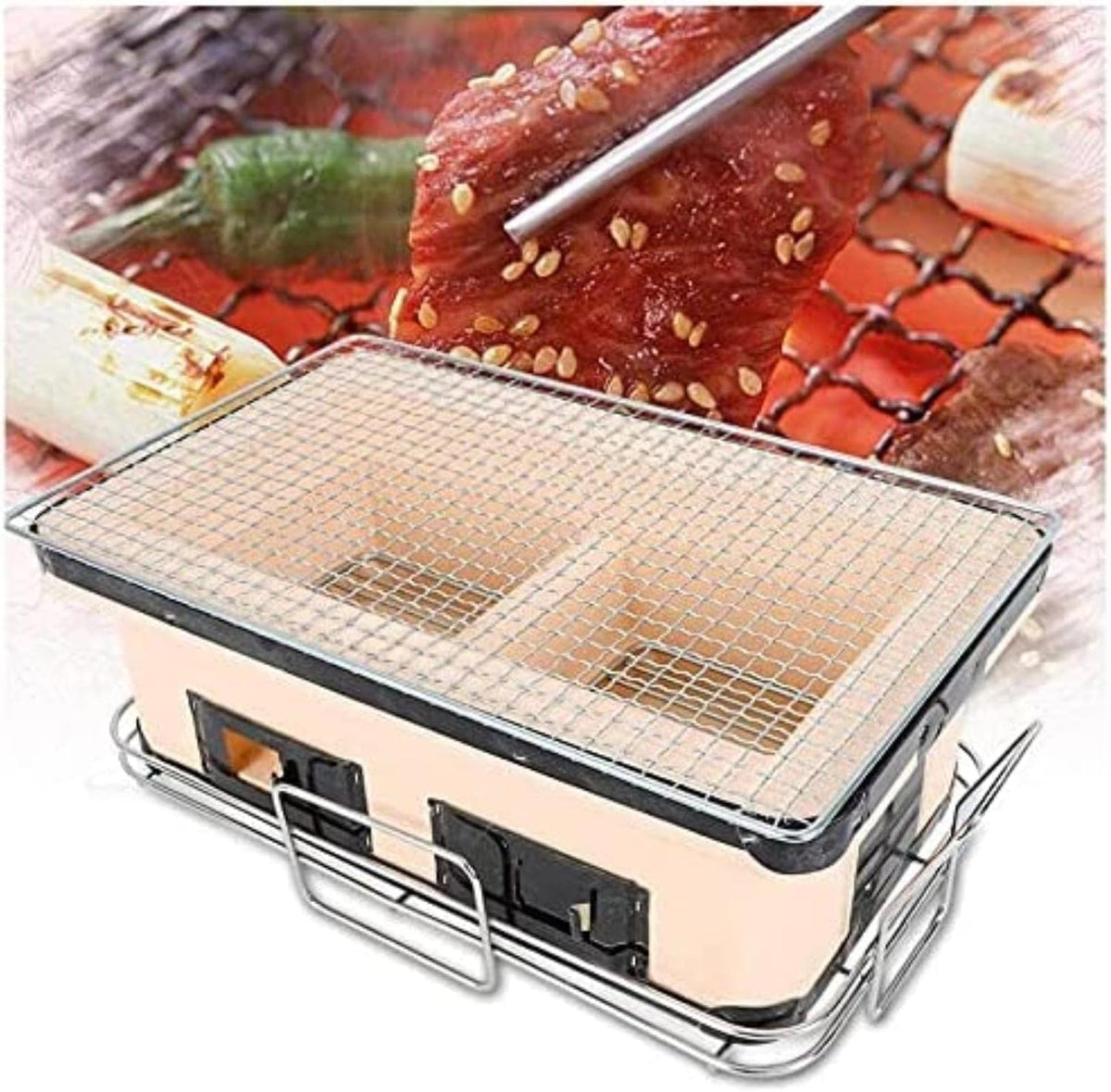 Table Top Japanese Yakiniku Yakitori Charcoal Grill, Traditional Earthware Barbecue Cooker Stove with Wire Mesh Grill for Backyard Outdoor Cooking