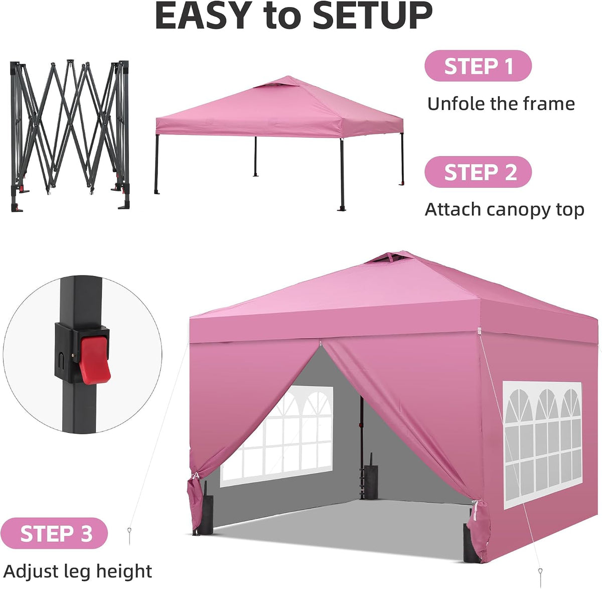 GDY 10x10FT Pop-Up Canopy Tent — with 4-Side Walls & Vented Top, Portable Outdoor Event Tent for Garden, Poolside, Parks, Parties,Camping, Pink.