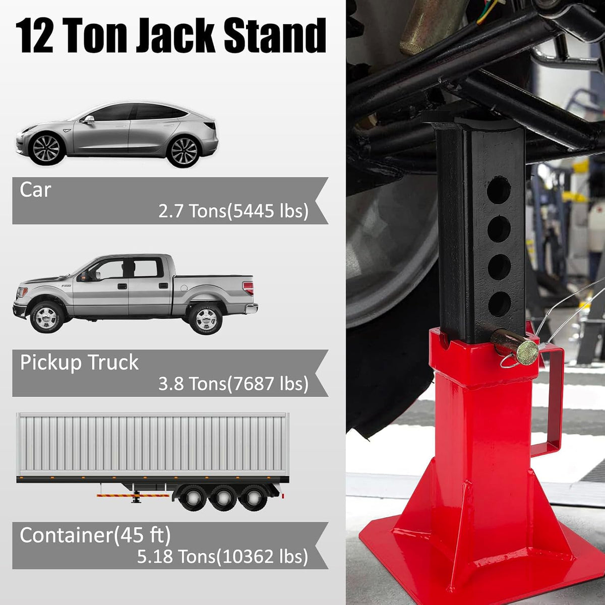 12 Ton Heavy Duty Pin Type Jack Stands with Lock Adjustable 11-18 Inch Automotive Support for Trucks Trailers Cars SUVs Professional Garage Home Use Red 1 Pair