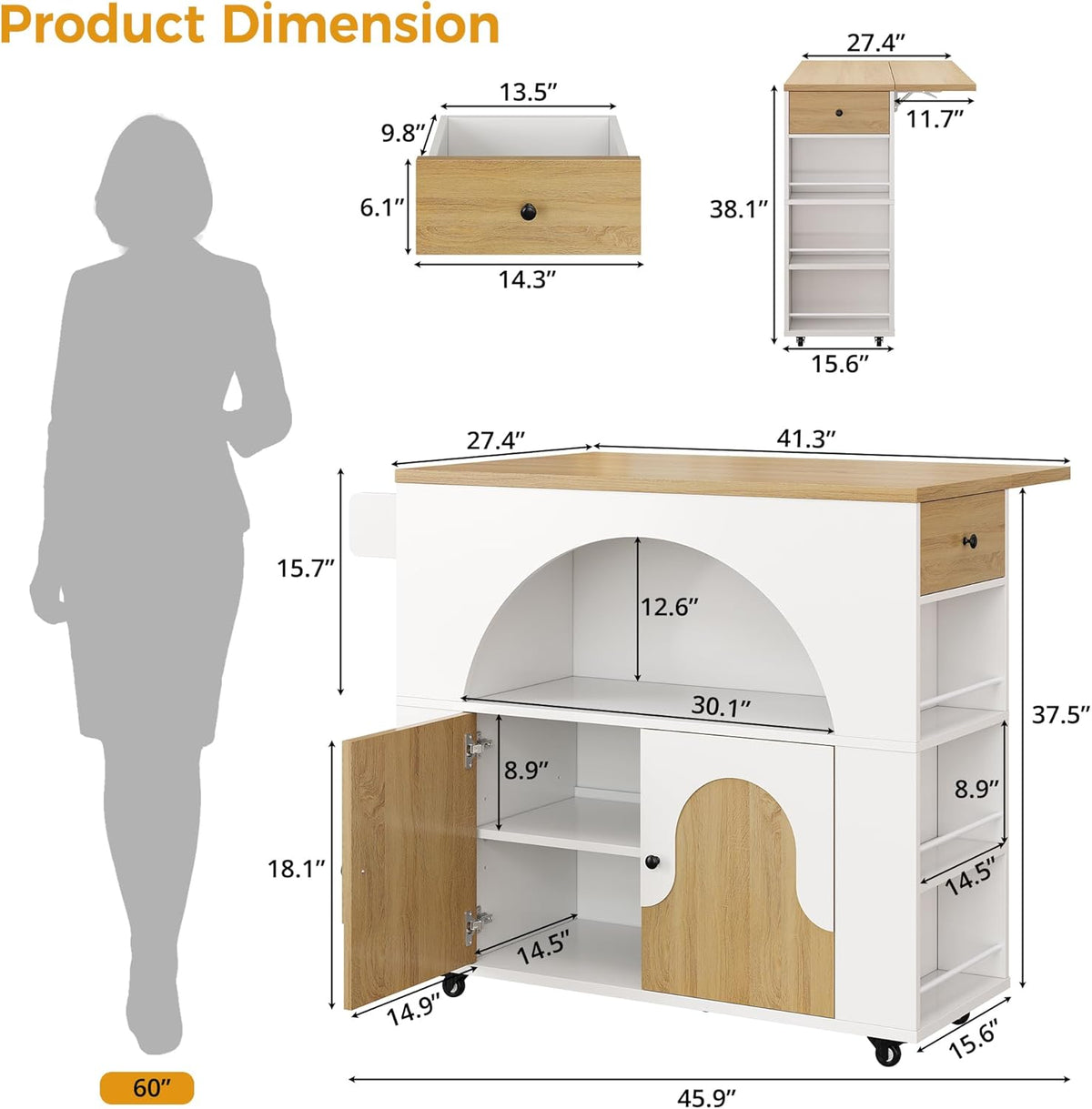 IRONCK 41.3" Kitchen Island with Drop Leaf &Open Shelf, White & Natural