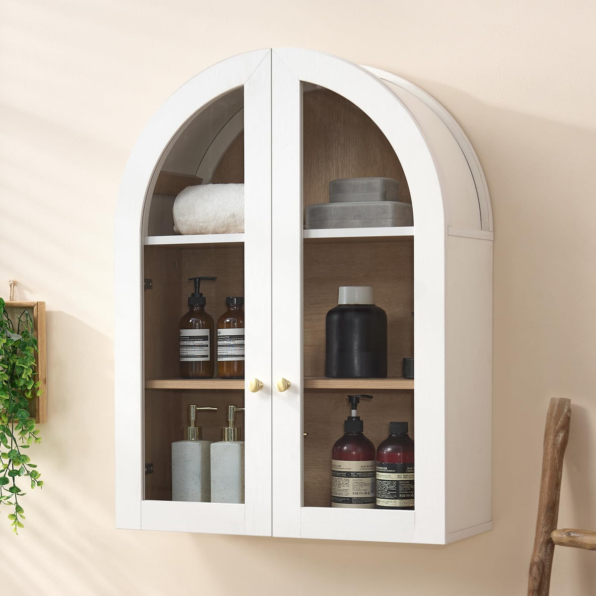 Bathroom Arched Wall Cabinet Over The Toilet Storage Cabinet, 23.5×31.4 Inch bathroom cabinet wall mount with Glass Doors & Adjustable Shelves, Wood Cabinet for Laundry Room, Kitchen,Natural oak