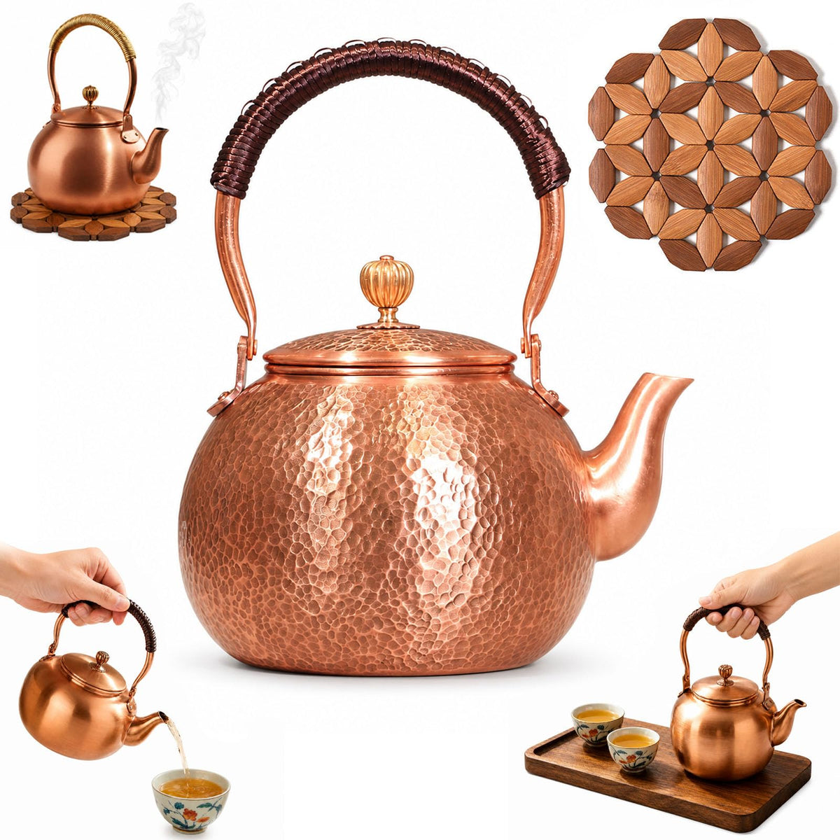 Handmade Copper Stovetop Teapot Kettle, Solid Copper Tea Kettle with Vintage Hammer Design, Thickened Household Boiling Teapot for Induction, Electric, Easy to Clean (B*1500ML)