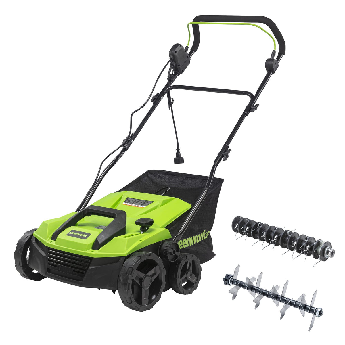 Greenworks 13 Amp 14-Inch Corded Dethatcher / Scarifier, 2-in-1 Electric Lawn Rake with 3-Position Depth Adjustment & Push-Button Start, Lawn Care Tool for Healthy Yard Maintenance