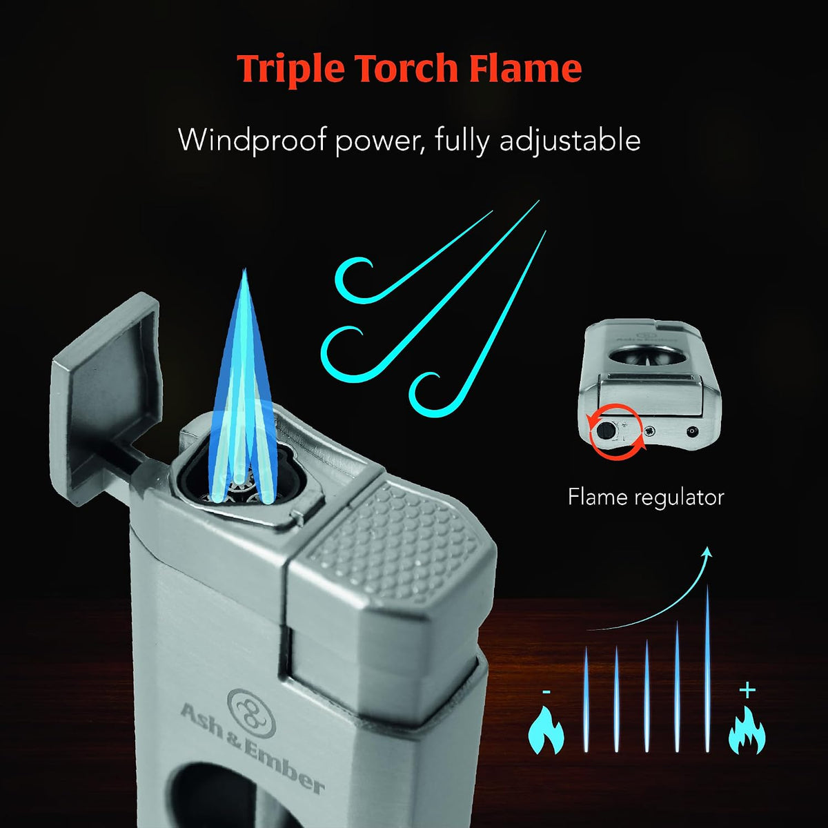 “Spirit“ Cigar Lighter with V-Cutter – Triple Jet Flame Butane Refillable Torch Lighter with Cigar Rest, Windproof, Transparent Fuel Window, Ergonomic Grip, Premium Gift Box for Men – Ash & Ember