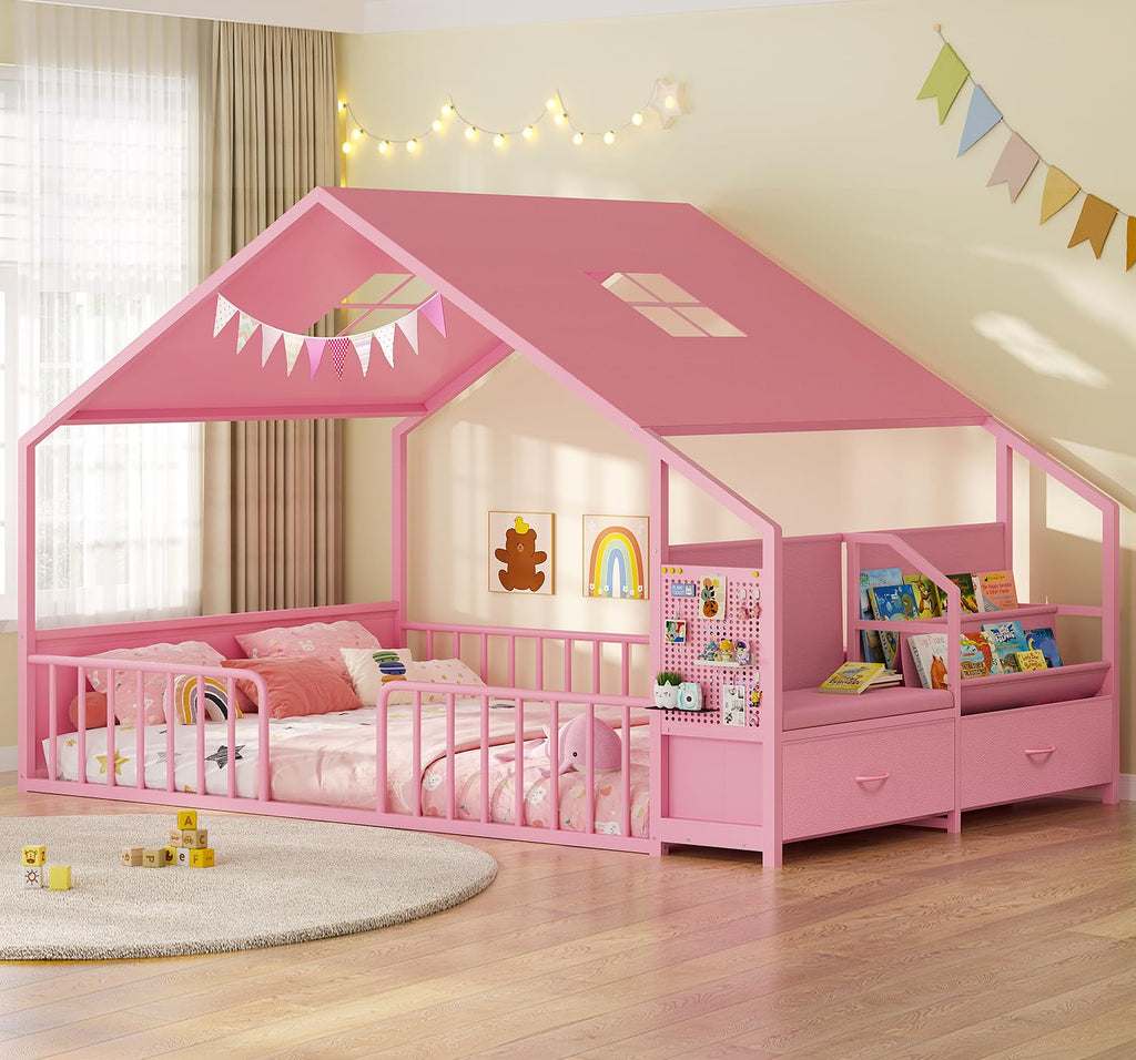 Montessori Full Size Floor Bed, Safety Guardrails, Reading Nook, Pink