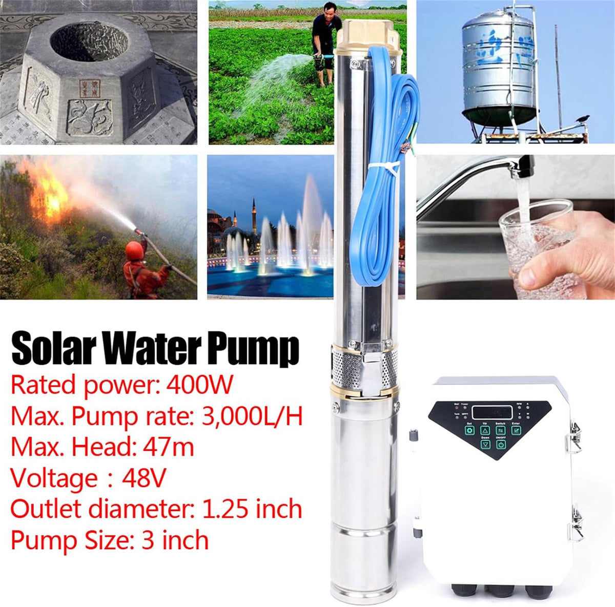 3" DC Deep Bore Well Solar Water Pump, 48V 400W Submersible MPPT Controller Kit Deep Bore Well Kit Solar Well Pump Kit 91 x 22 x 12 Cm Head 47M Outlet Diameter 1.25 Inch For Home & Industrial