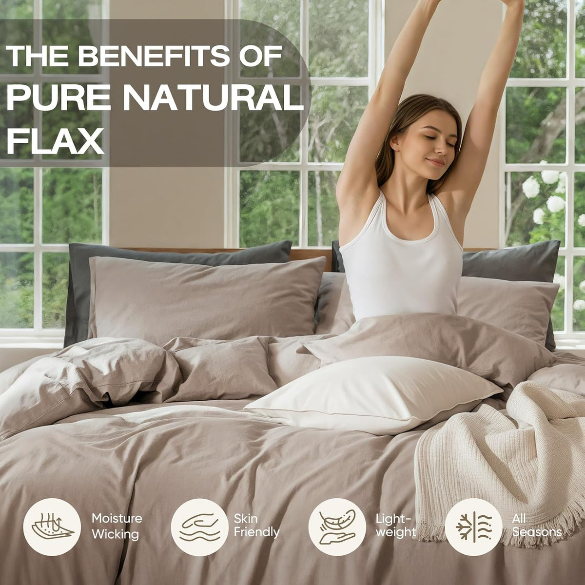 100% Linen Duvet Cover, Soft 3pcs Bedding Set with Zipper Closure, Natural Texture, Breathable for Hot Sleeper,Comforter Not Included(Flax Linen,Queen(90 * 90))