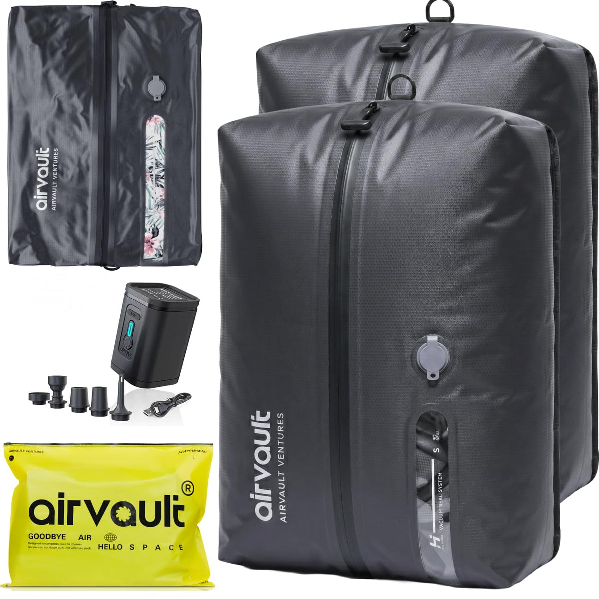 AirVault Reusable Vacuum Compression Travel Bag for Carry-On Suitcase and Backpack, Recycled IPX8 Waterproof Space Saver Vacpack (21L Gray (3-Pack) (Air Pump Included)