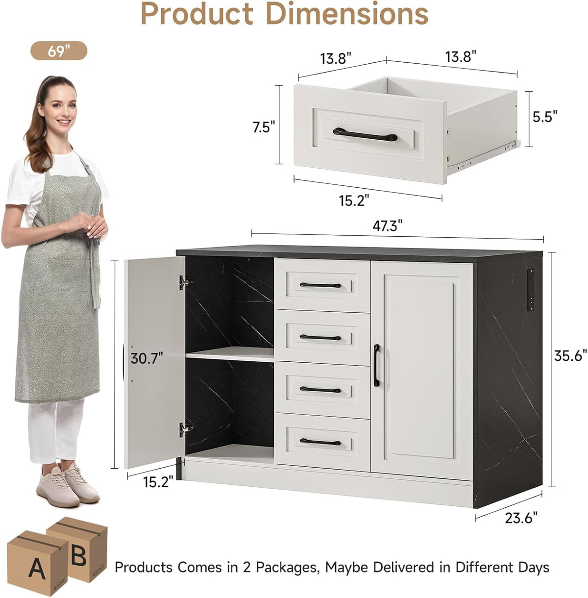 ONBRILL Kitchen Island with 2 Storage Cabinets & 4 Drawers, White+Black