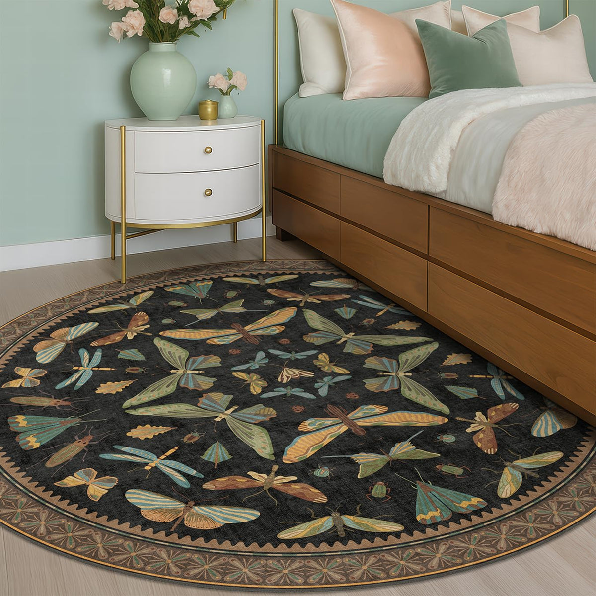Hazo Haus Dark Green Insect Area Rugs 8x10 for Living Room, Dining Room Under Table, Bedroom, Unique Washable Floral Non Slip Low Pile Soft Rug