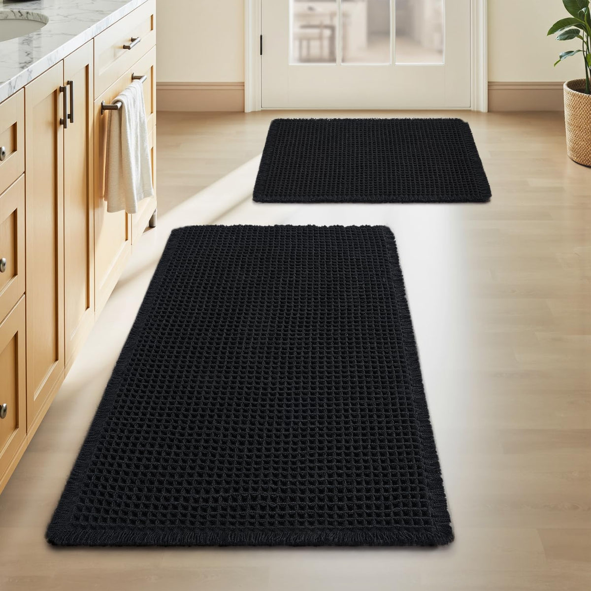 Upgraded Waffle Bath Mat Set of 2 Absorbent Bathroom Mat 18"x30" + 24"x48"