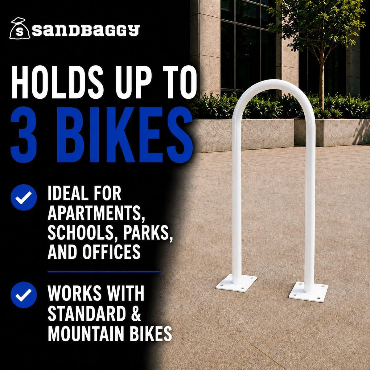 Sandbaggy U Shaped Bike Rack - Outdoor, Commercial - Steel - Surface/Ground Mounted (1, White)