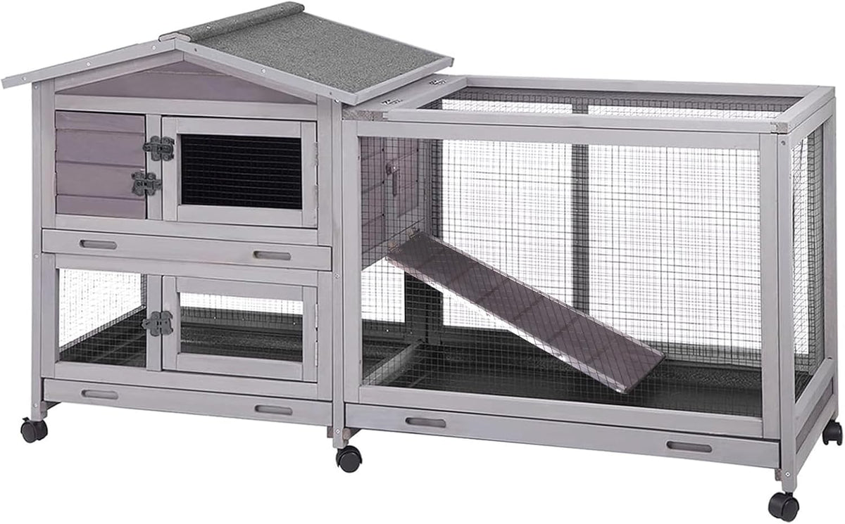 Aivituvin Rabbit Hutch Outdoor Indoor Rabbit Cage Chikcen Coop with Casters Guinea Pig Cage with 3 Deep No Leakage Pull Out Tray,Waterproof Roof