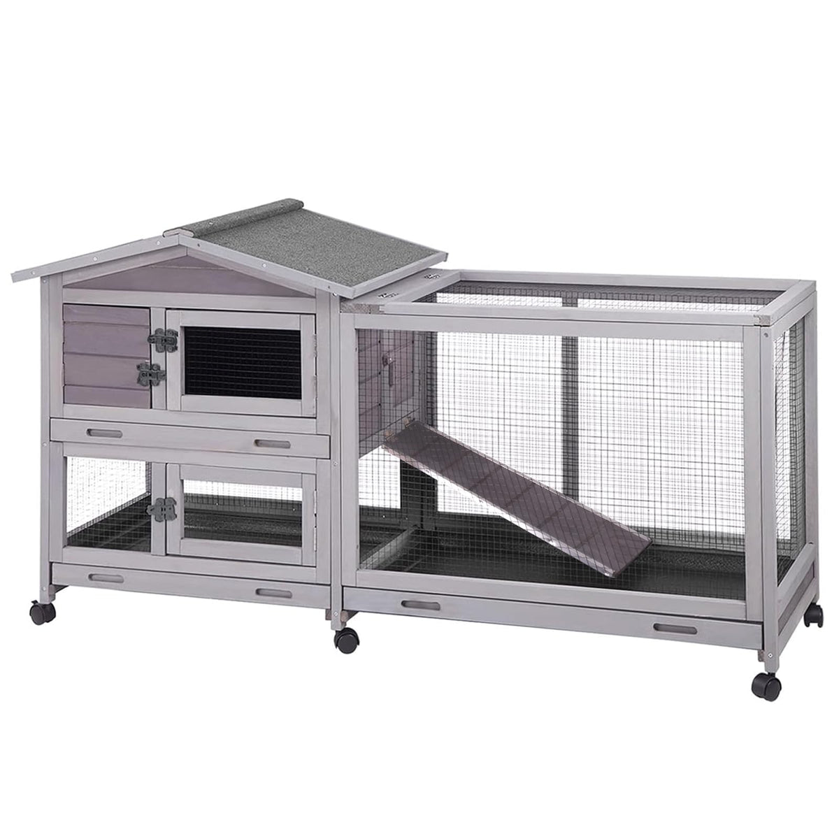 Aivituvin Rabbit Hutch Outdoor Indoor Rabbit Cage Chikcen Coop with Casters Guinea Pig Cage with 3 Deep No Leakage Pull Out Tray,Waterproof Roof
