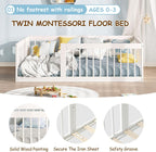 EXPERLAM Full Montessori Floor Bed for Kids, Removable Rails, White