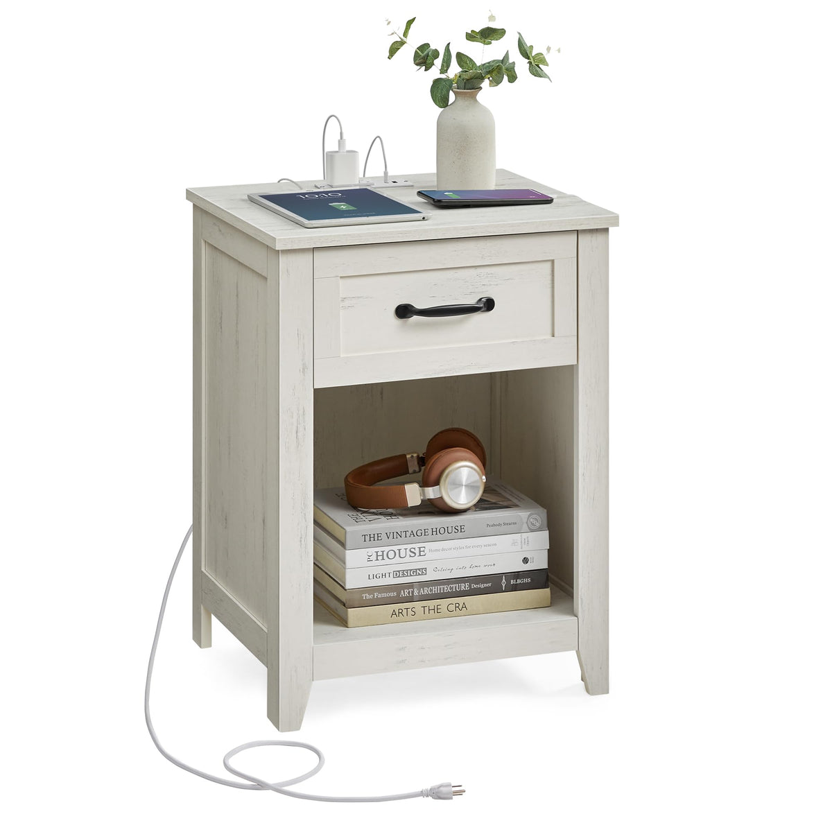 VASAGLE Farmhouse Nightstands with Charging Station, 1 Drawer, Set of 2