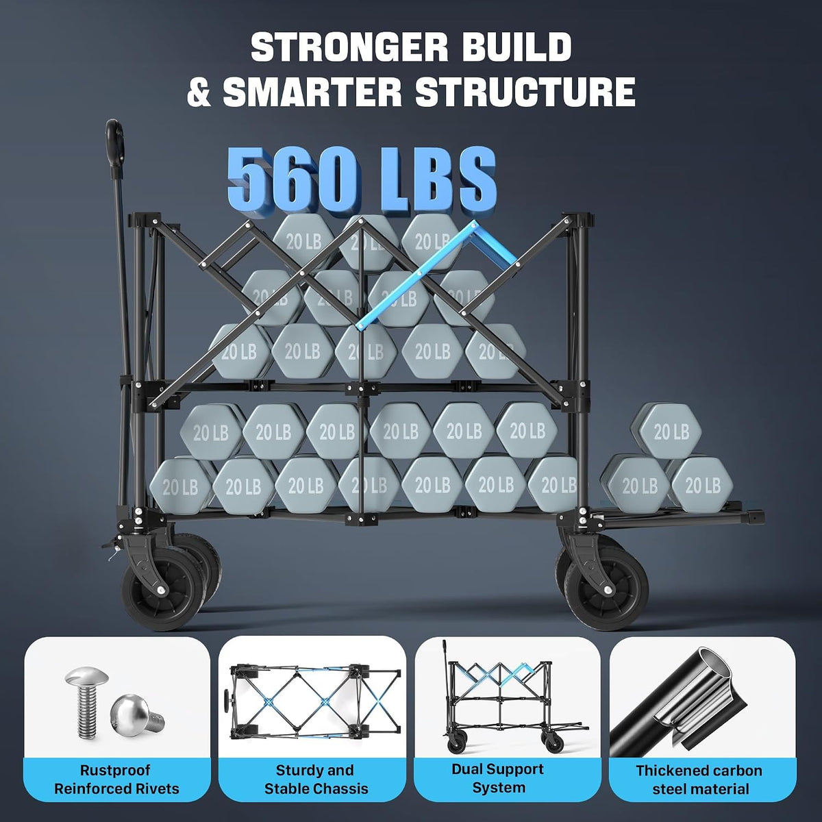 52" Heavy Duty Double Decker Wagon, 650L Collapsible Folding Wagon Cart with Brakes, 560 lbs Load, All-Terrain Big Wheels for Camping, Fishing, Sports and Transport, Black