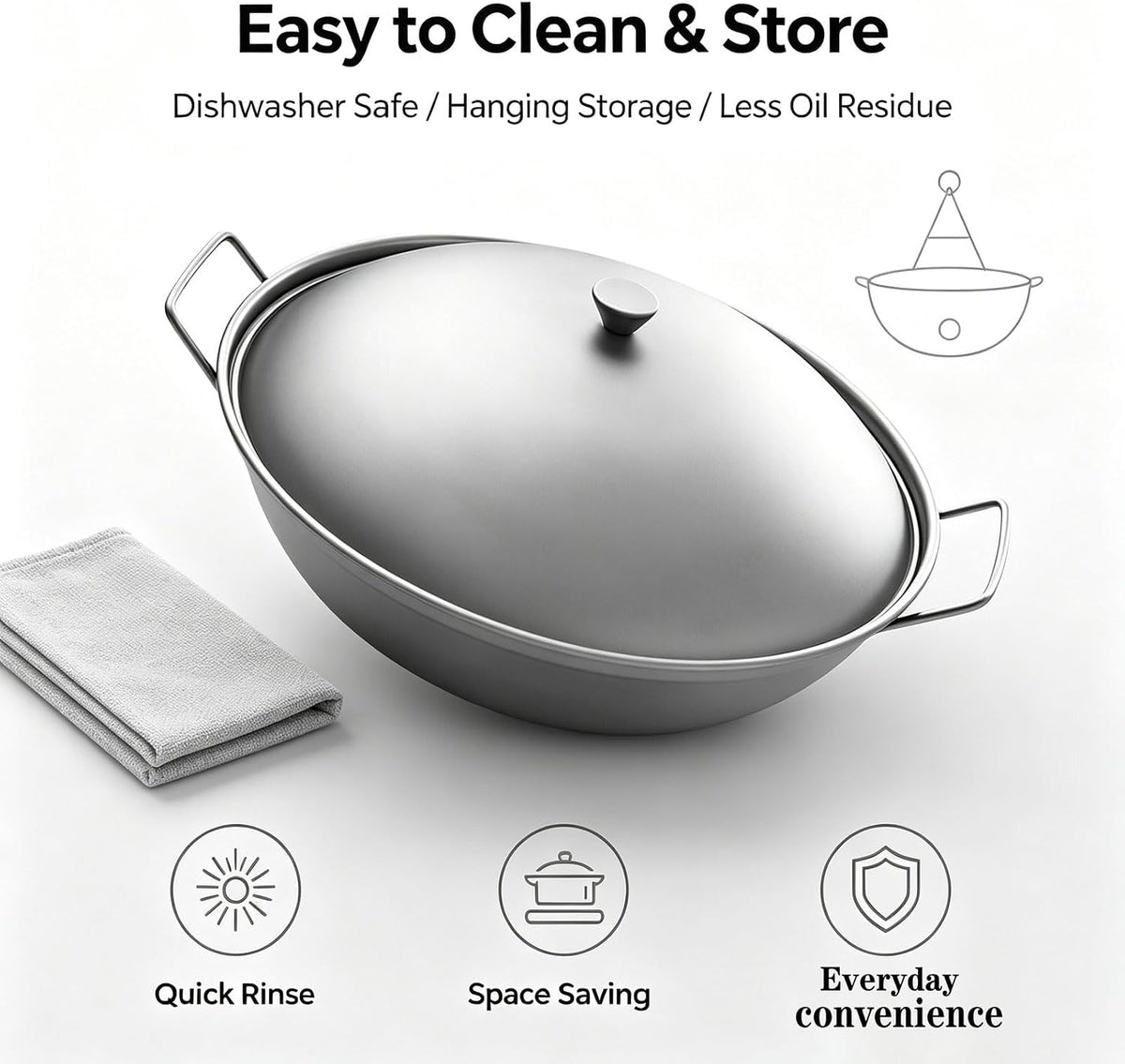 Titanium Camping Pot with Lid & Dual Handles, Chinese Hot Dry Pot Wok Pan, Portable Cook Pots Ultralight Outdoor Cookware for Backpacking, Hiking,Travel, Home used RT141C (Titanium color)