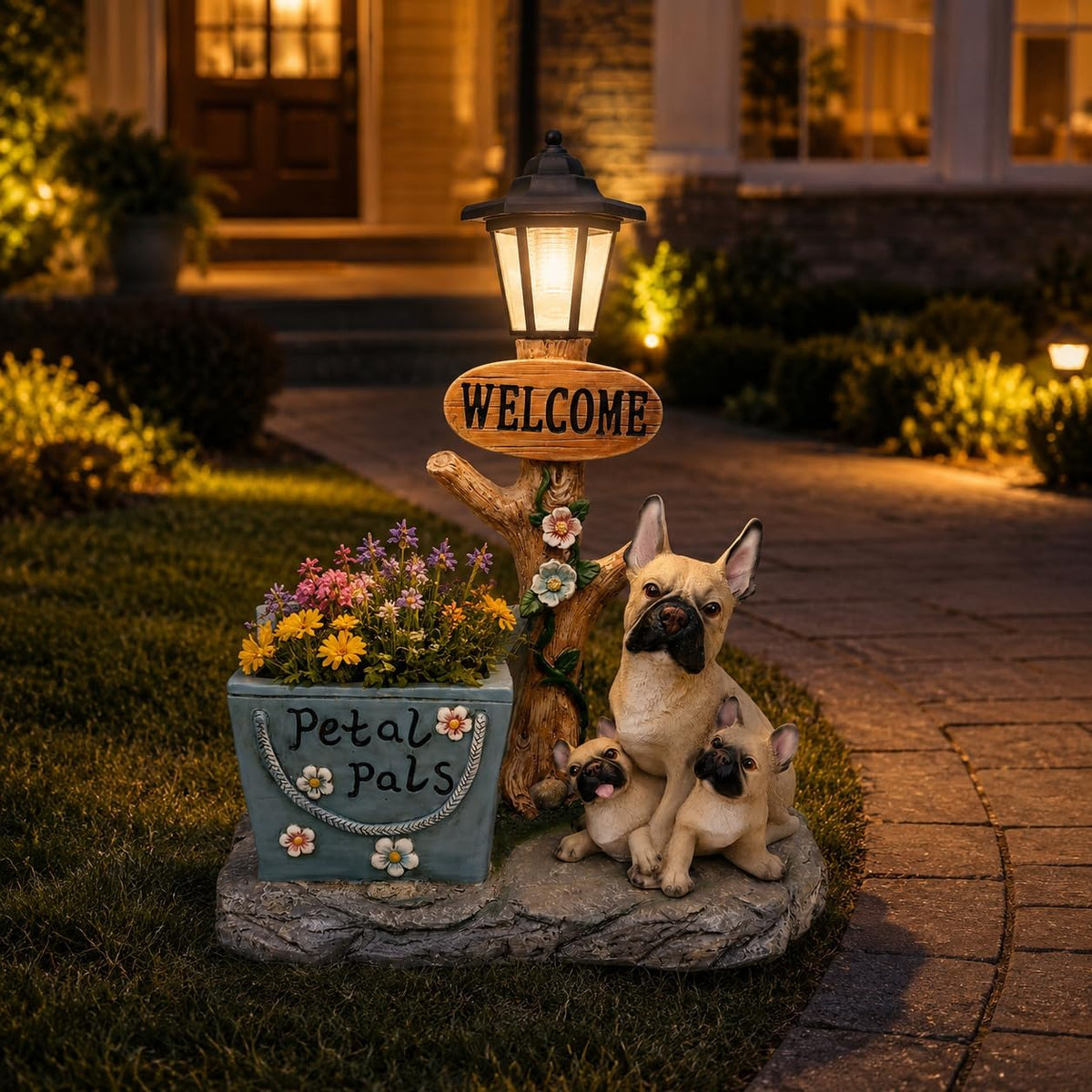 Solar French Bulldog Statue with Welcome Sign & Lantern, 3 Dogs Garden Figurine Planter Pot, Realistic Outdoor LED Light for Porch, Yard Art & Lawn Decor, Unique Gift for Dog Lovers