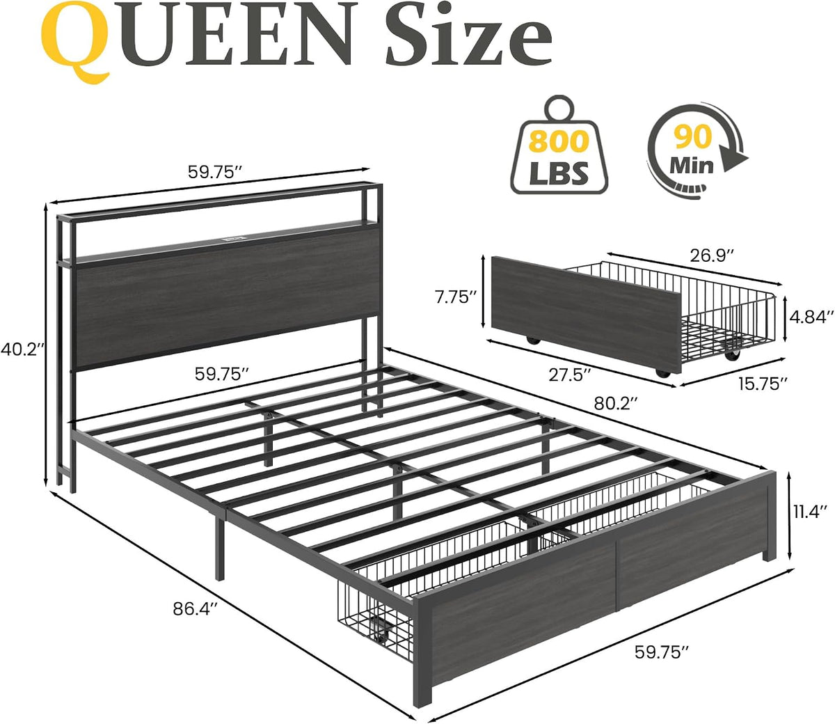 Queen Bed Frame with Charging Station, LED Lights, 2 Drawers, Rustic Grey
