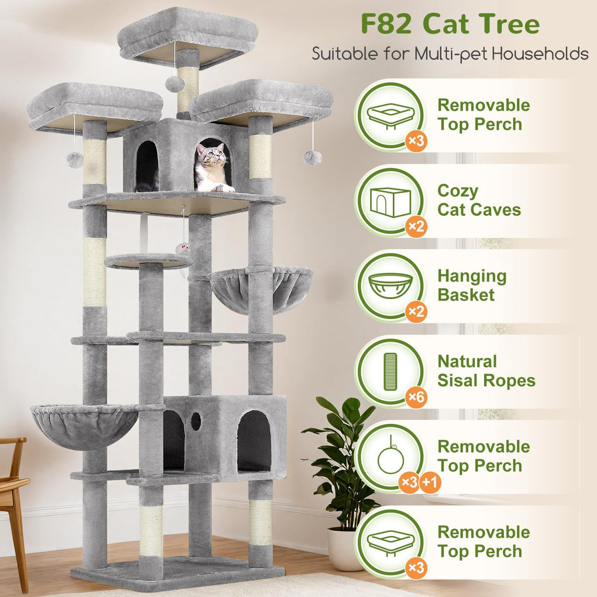 Globlazer Cat Tree Tower for Multiple Adult Cats, 82in, F82, Light Grey