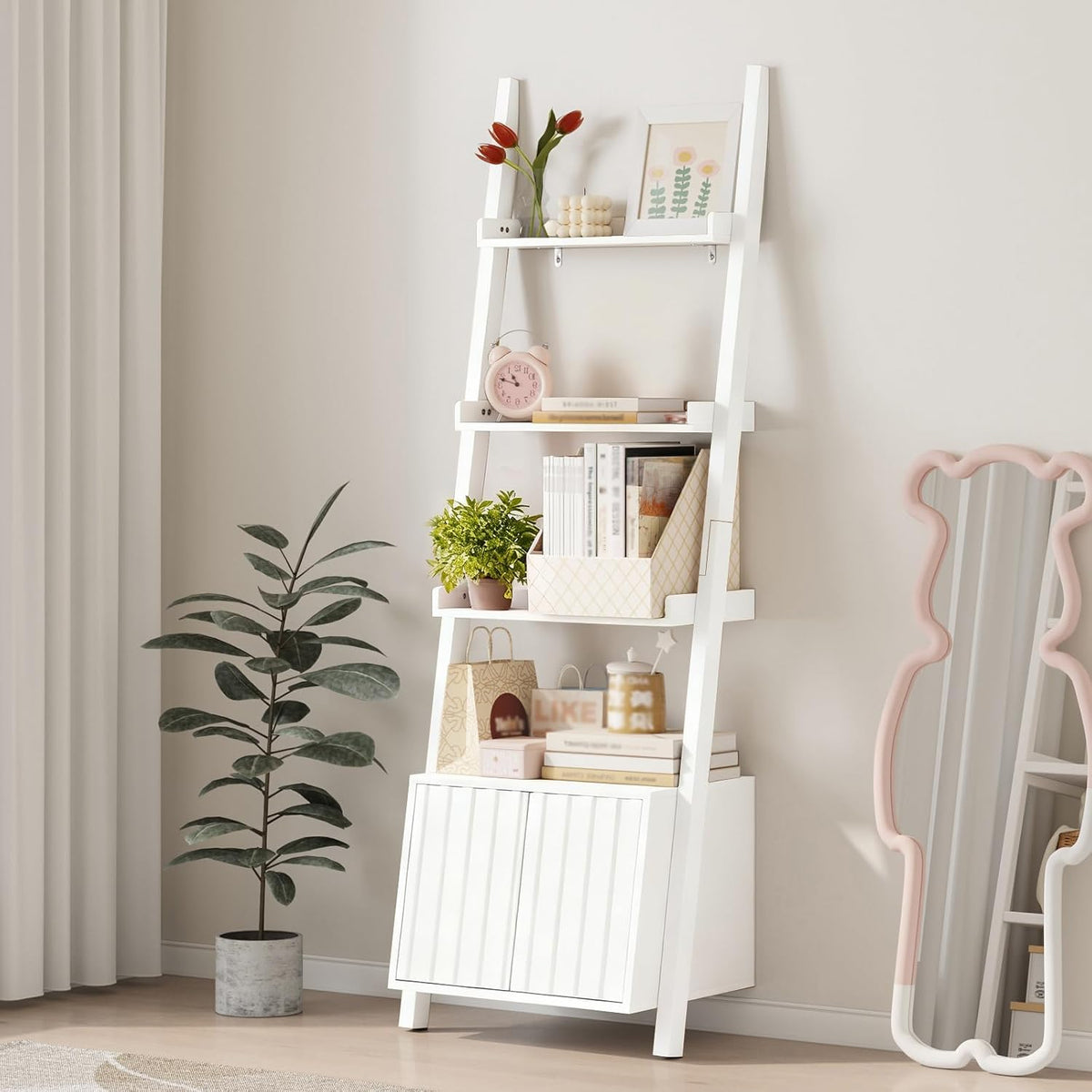 4-Tier Ladder Bookshelf with Storage Cabinet, Freestanding Shelf Unit,White