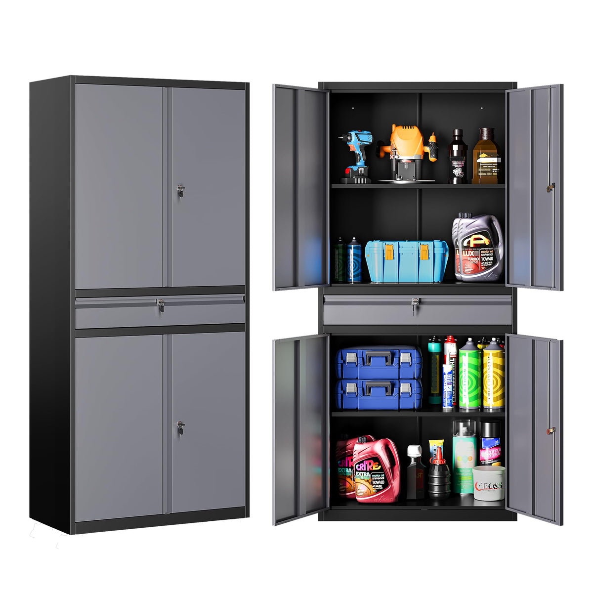 SISESOL 75" Tall Metal Storage Cabinet with Wheels,Rolling Garage Storage Cabinet with Lock,Black Metal Cabinets with Wheels and Shelves,Deep Heavy Duty Tool Locker for Garage,Home,Office,Shop