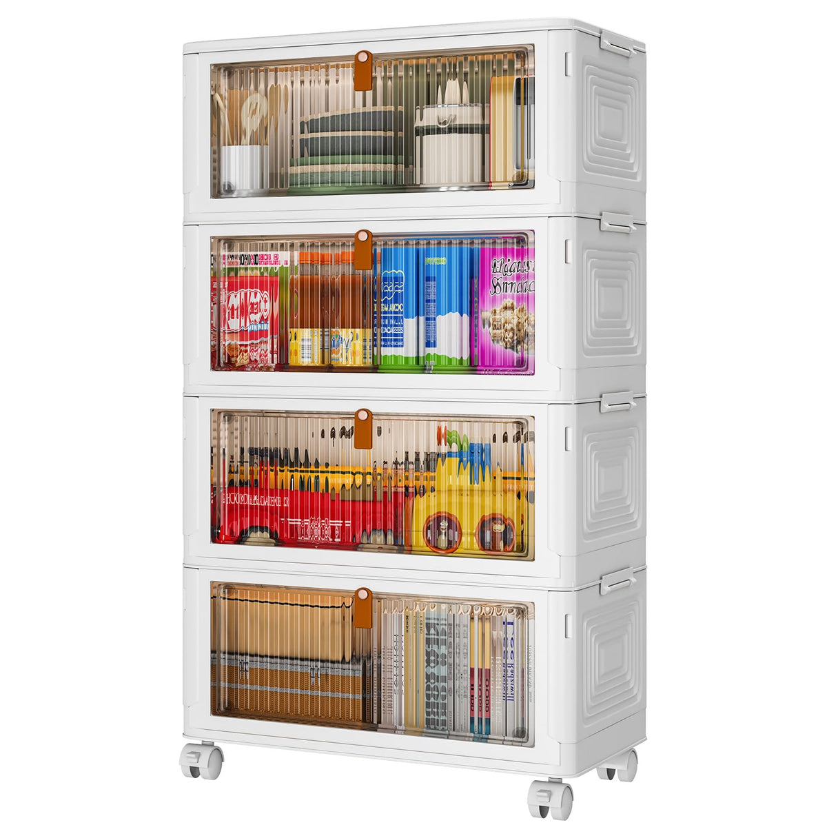 YFXCVSL 4 Tier Plastic Storage Bins with Lid 102QT, Stackable Storage Containers with Wheels, Folding Storage Boxes, Stackable Storage Bins, Organizers and Storage for Living Room