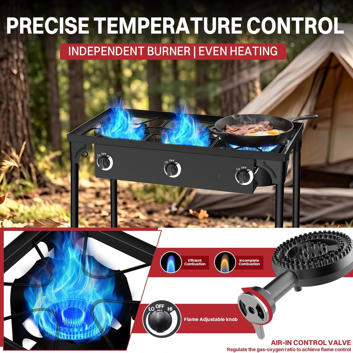 3 Burner Propane Camp Stove | 225,000 BTU | High Pressure Gas Burners