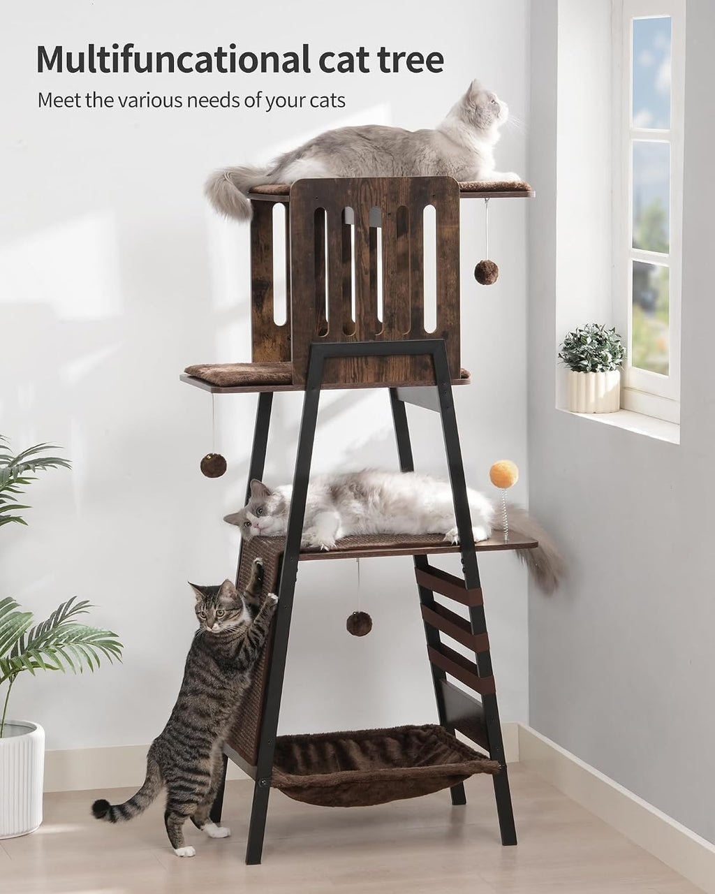 FourFurPets Modern Cat Tree, 58-Inch Cat Tower for Large Cats, Big Hammock