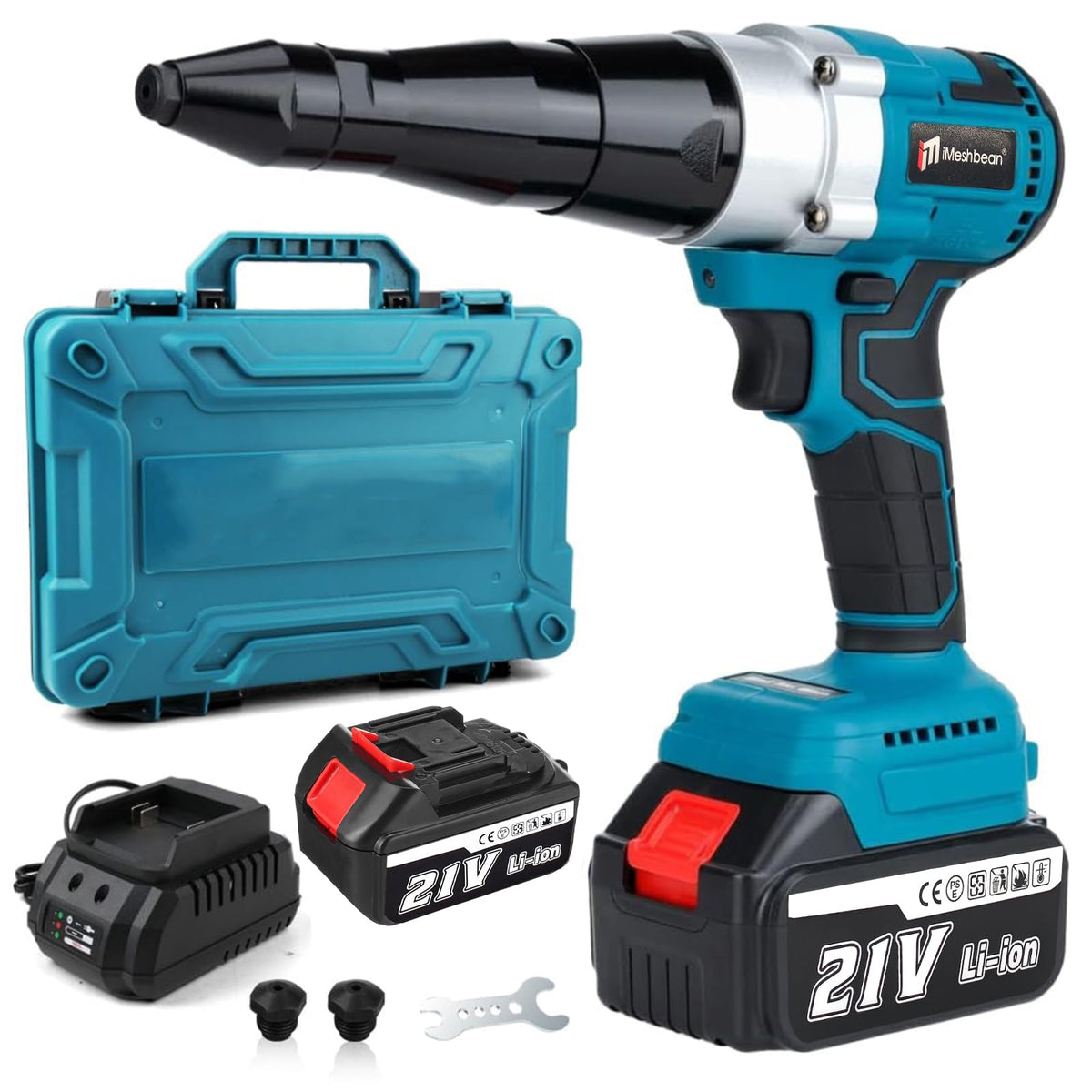 Cordless Rivet Gun,Portable 21V Lithium Battery Electric Automatic Core Pulling Rivet Gun,Professional Brushless Blind Riveter Tool Kit for Rivets 2.4/3.2/4.0/4.8 mm,with 3.0Ah Battery (2 batteries)