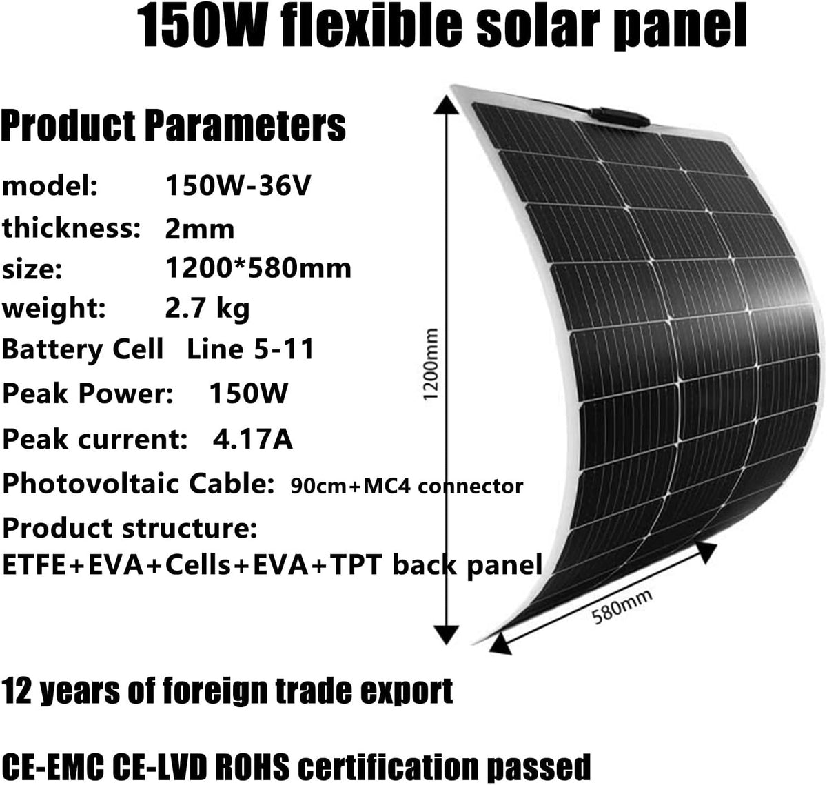 Flexible Solar Panel 150W/200W/300W/400W/520W , monocrystalline Solar Panels 36V Battery Charge High Efficiency Module PV Power for Battery Charging Boat,Caravan,RV and Any Other Off Grid,150W
