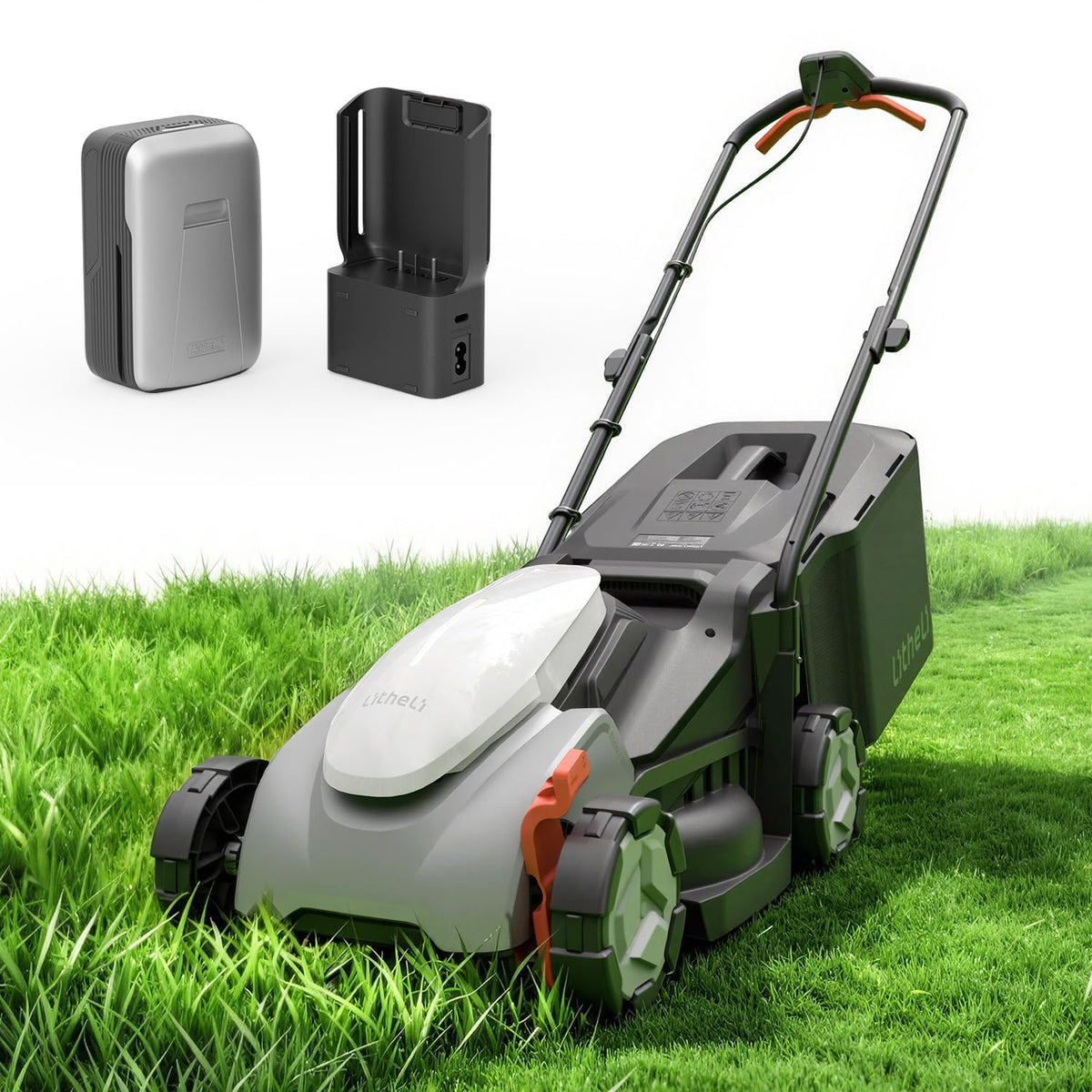 Litheli 14 Inch Cordless Lawn Mower, Brushless Battery Powered Push Mower with 5.0Ah Battery, 5-Position Height, 9-Gallon Bag, Lightweight Grass Cutter for Small to Mid-Sized Yards