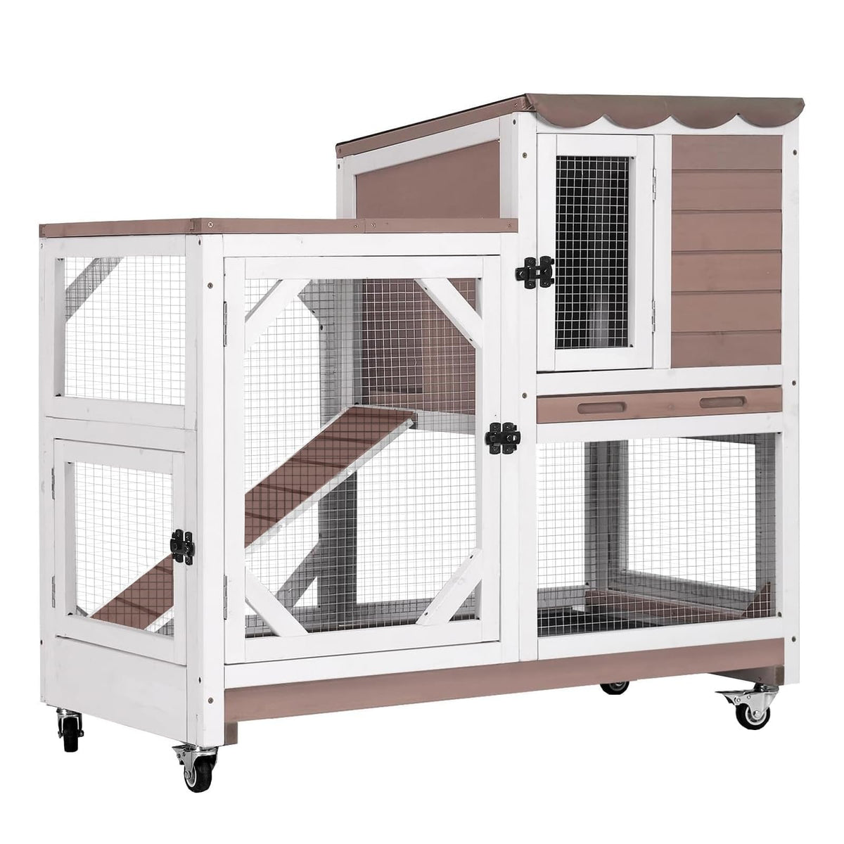 GUTINNEEN Rabbit Hutch Mobile Bunny Cage with Large Wheels, Chewproof Ramp, Leak Proof Trays – Ideal Cage for Rabbits, Guinea Pigs, Indoor/Outdoor Use, 44" L x 20" W x 41.5" H