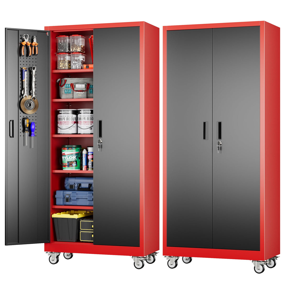 Aobabo 71" Metal Storage Cabinet with Wheels, 5 Shelves & Pegboards, Black