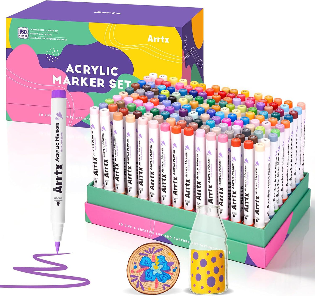 Arrtx 150 Colors Markers Paint Pens, Acrylic Paint Pens for Artists Adults Coloring Drawing Cartoon Anime Comic - Brush Tip for Rock Painting, Wood, Canvas, DIY Crafts Making Art Supplies