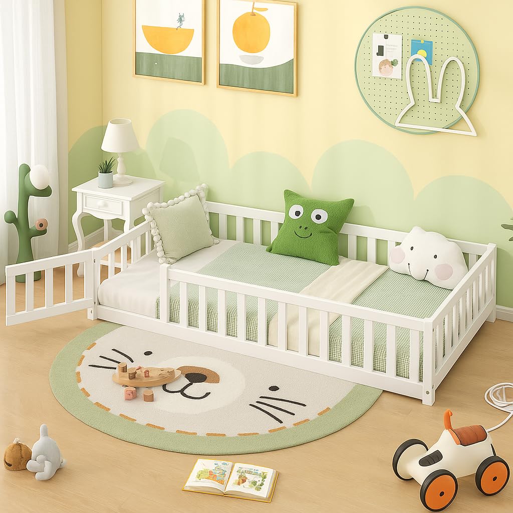 GIANTEX Full Size Floor Bed for Kids, Wooden Montessori Bed Frame with Bookcase, Storage Shelves & Safety Fence Rails, Floor Beds Full for Girls, Boys, No Box Spring Needed, Without Slats, White