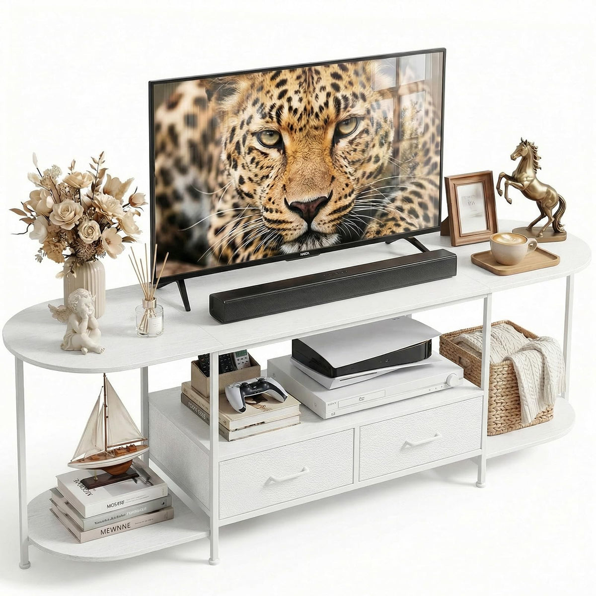 Faesun 63" TV Stand for TVs up to 75 Inches, Curved Edge Media Console & Entertainment Center with 2 Fabric Drawers, Modern TV Console Table for Living Room or Bedroom, Rustic Brown