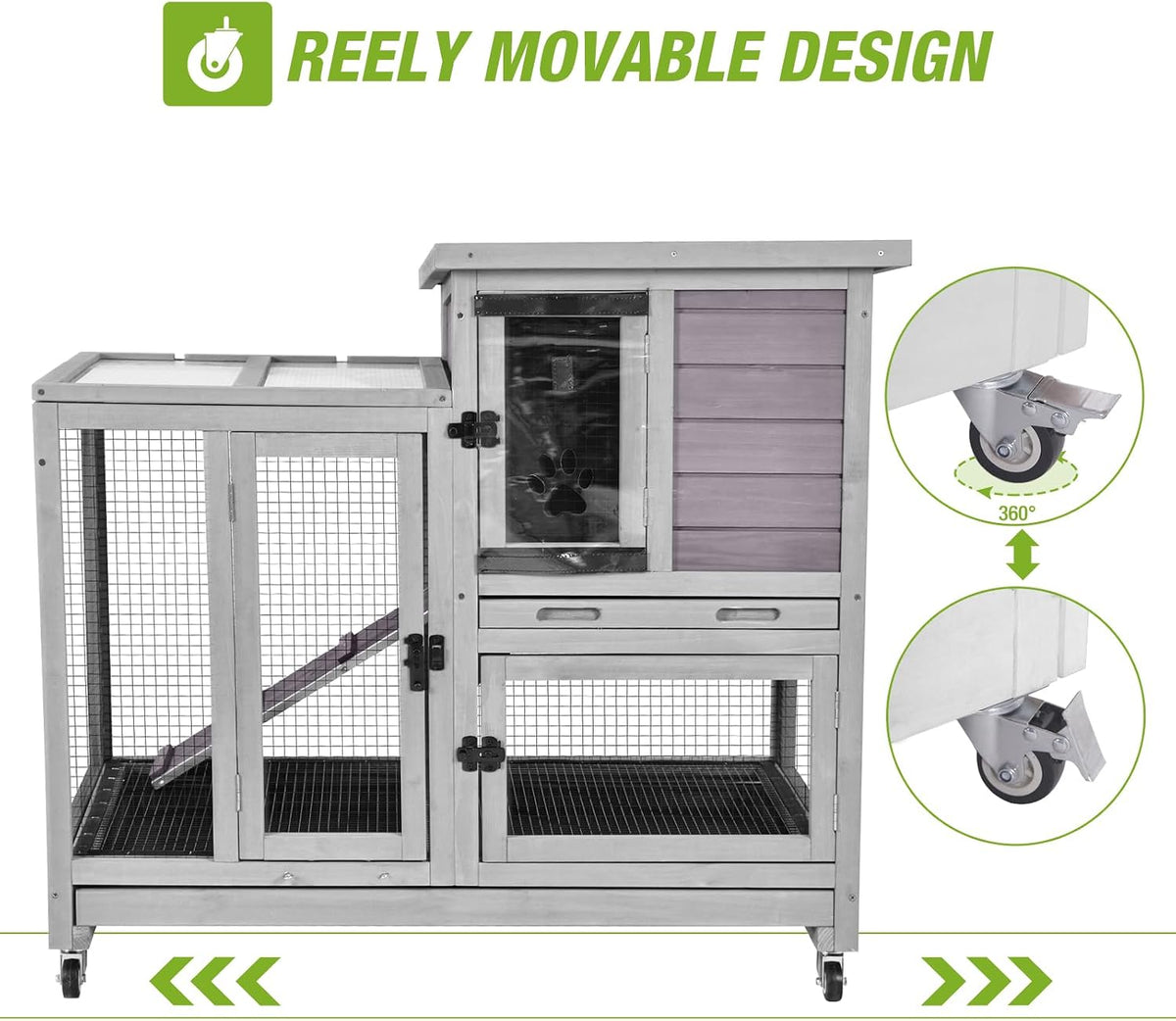 Indoor Rabbit Bunny Hutch Outdoor, Guinea Pig Cages with Removable Bottom Wire Netting - Easy Clean