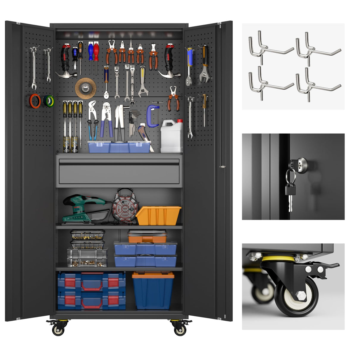 3-Drawer Rolling Tool Chest with Wheels, Pegboard and Push Handle