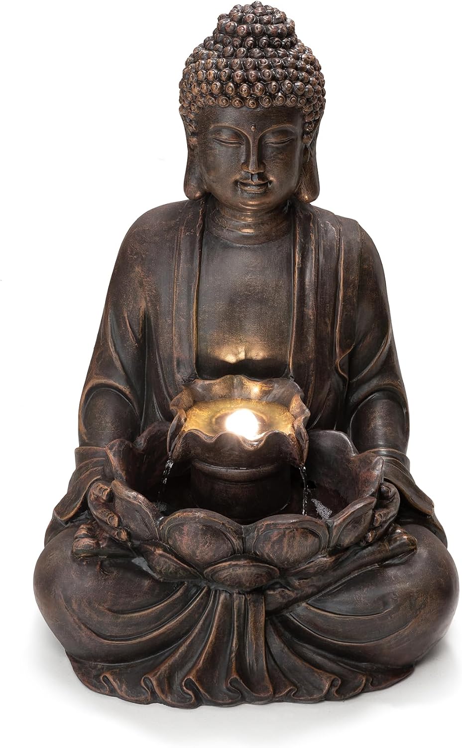 Glitzhome Buddha Statue 28" H, Outdoor Large Statue Zen Style Buddha Fountian with LED Light & Pump Polyresin Outdoor Floor Freestanding Fountain Garden Buddha Sculptures & Statues Lawn Décor