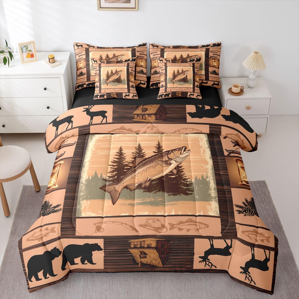 Feelyou Deer Comforter Set with Sheets King Size 7 piece Kids Rustic Deer Hunting Bedding Set Cabin Lodge Deer Bed in a Bag Farmhouse Nature Wildlife Antlers Brown Bed Set