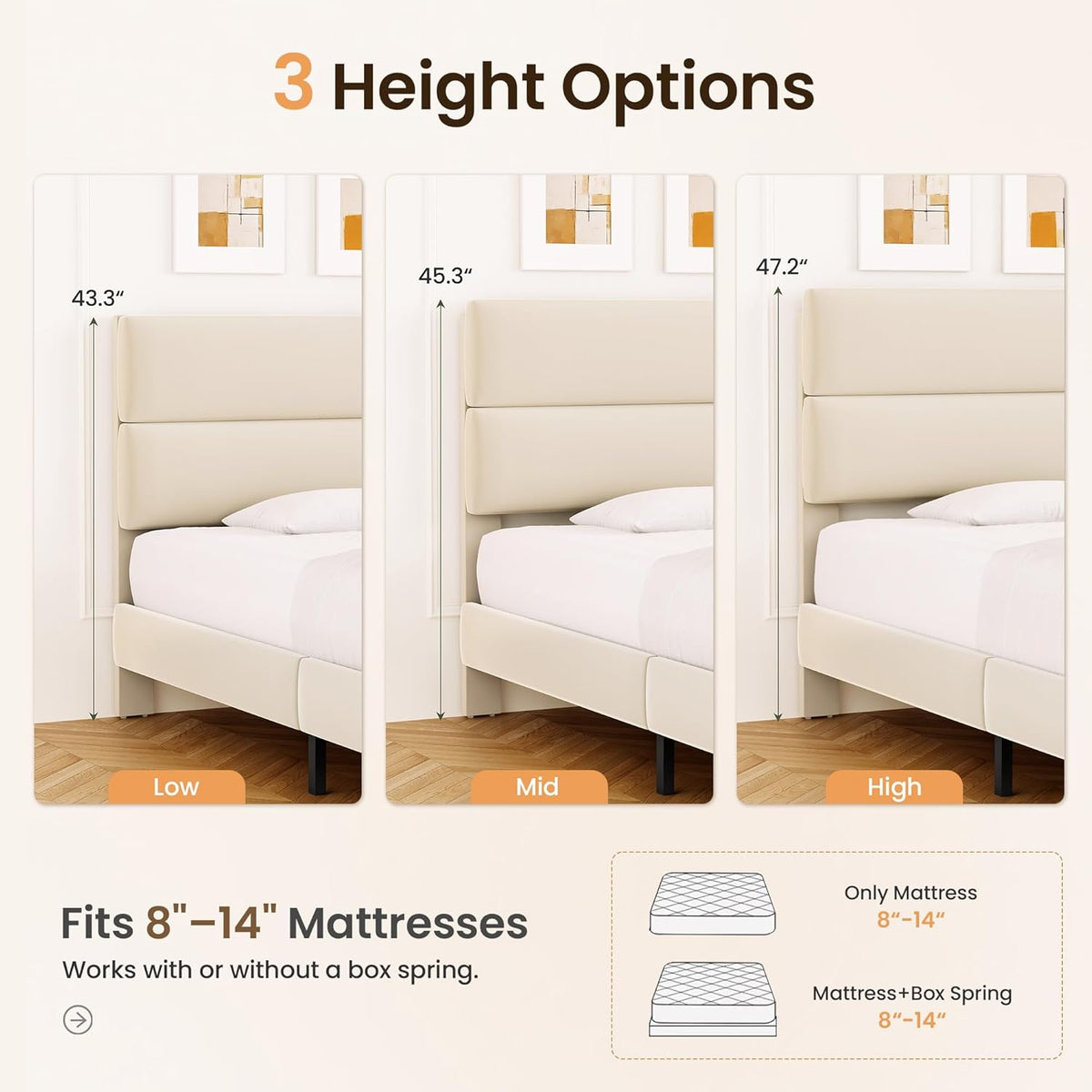 GRUSIGN King Size Platform Bed Frame with Velvet Headboard, Adjustable Height Wooden Slats Support, Upholstered Mattress Foundation, Fits Mattress or Mattress with Box Spring, Easy Assembly, Beige