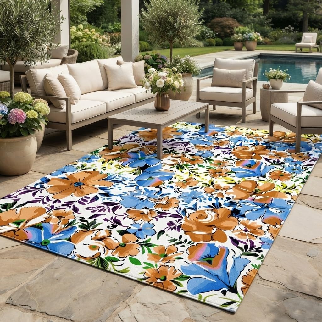 White Pink Beige Gentle Elegant Outdoor Floral Rugs 9x12 Contemporary Aesthetic Texture Thin Non Slip Durable Indoor Outside Carpets for Garden Backyard Balcony Patio Deck Veranda Deck Mats