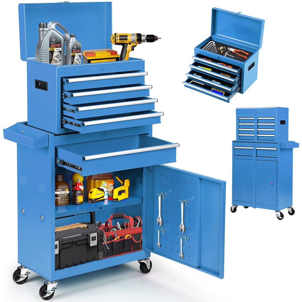 5-Drawer Rolling Tool Box with Lockable Wheels, Tool Chest with Detachable Tool Box, 4 Hooks, and Liner, Heavy-Duty Metal Tool Cart for Garage and Workshop Storage, Black
