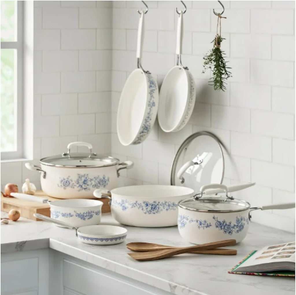 Pioneer Woman Style Agatha 12-Piece Aluminum & Ceramic Classic Cookware Set Blue