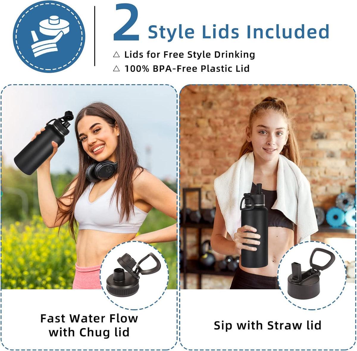 Volhoply 32oz Insulated Water Bottle with Straw Lid, Black, 8-Pack