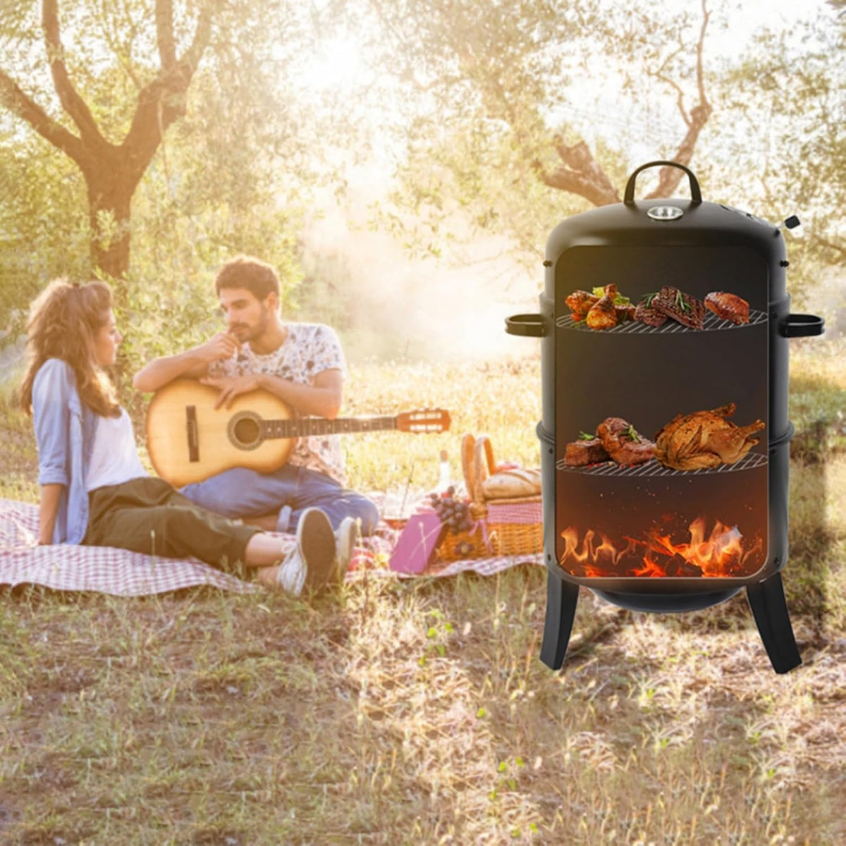 Outdoor Double Layer Charcoal Grill & Smoker - Vertical Design for Smoke-Free BBQ, 33.07" Traditional American Steel Grill for Garden, Patio, Camping (Black)